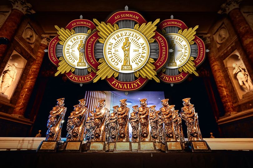 Коллаж с эмблемами финалистов «Золотого Трезини» 2025 года на фоне церемонии награждения в Эрмитажном театре